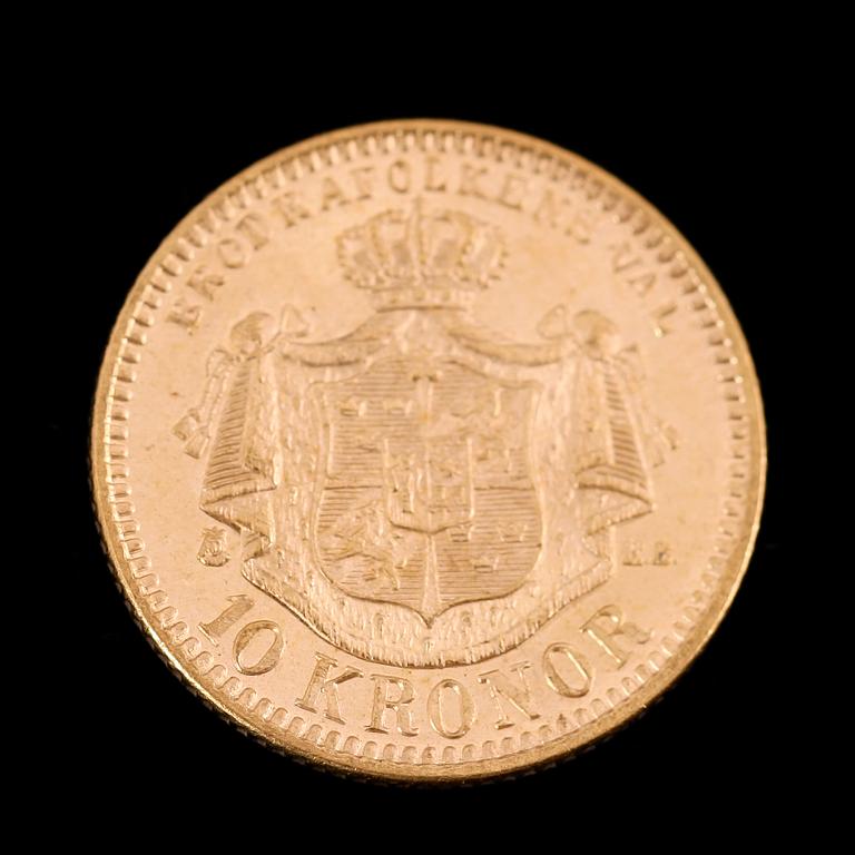 GULDMYNT, 10 kronor, Oscar II, 1894.  Vikt ca 5 gram.