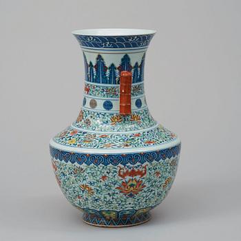 A large doucai vase with bamboshaped handles, China, 20th Century.