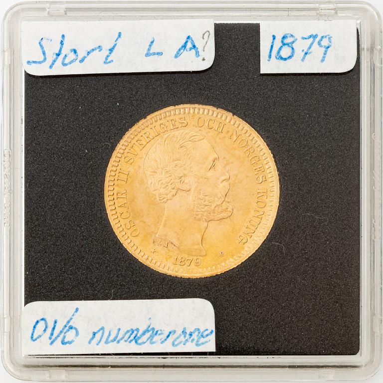 Gold coin, Oscar II, 20 kronor, type III, Sweden 1879.