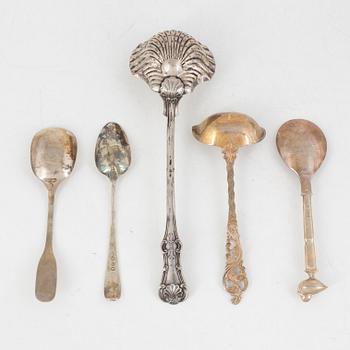 Bowls, cups, cutlery, cream jug, and candlestick, 11 pieces, silver. Including K Anderson, Stockholm 1923.