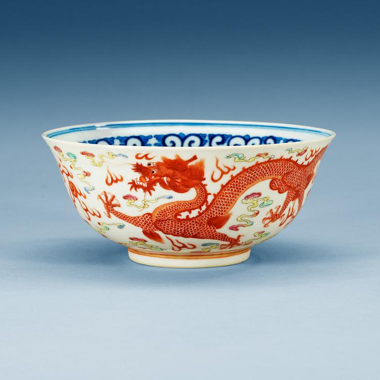 An underglaze blue and famille rose bowl, Republic with Guangxus six character mark.