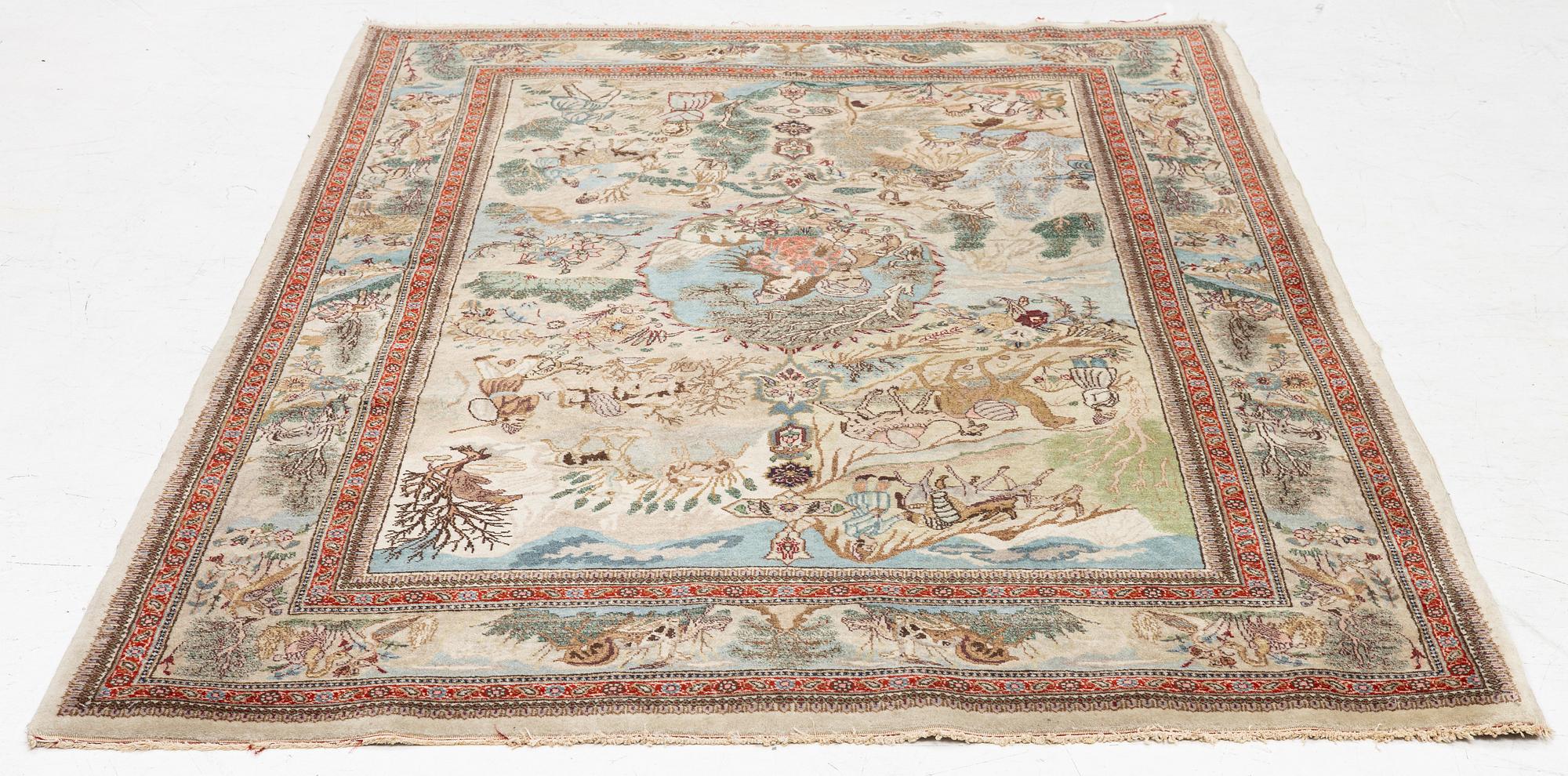 Rug, Tabriz, figural, signed Tabatabai, approx. 210 x 138 cm.