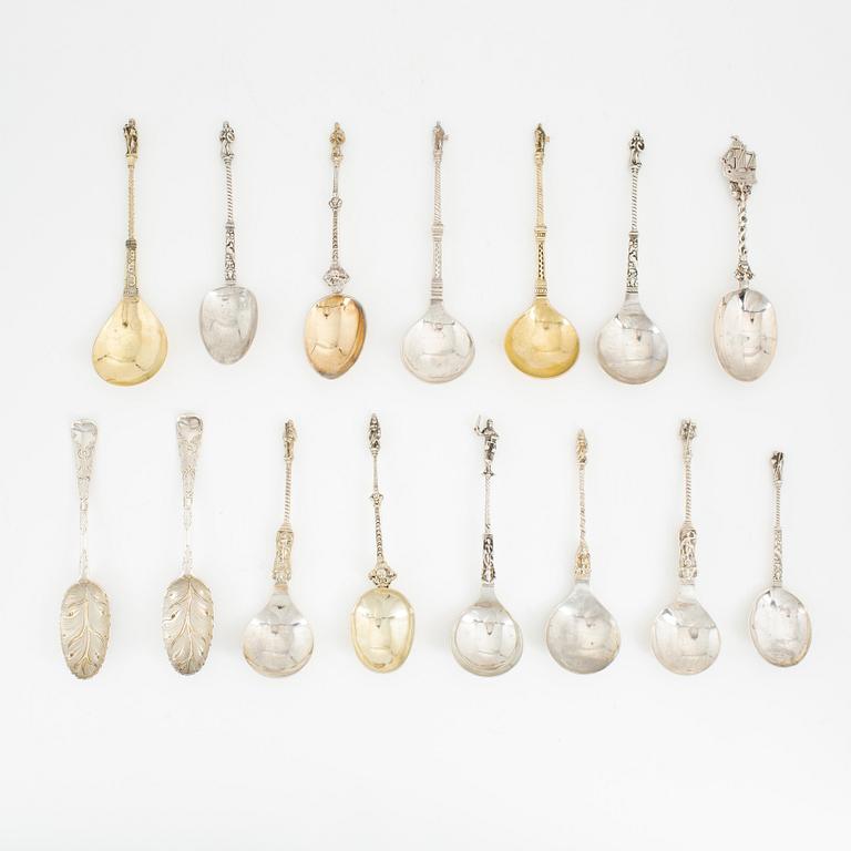 Fifteen silver spoons, Northern Europe, 19-20th century.