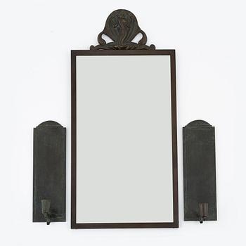 A mirror and a pair of bronze sconces, Swedish Grace, Ystad Brons, 1920-/30s, including Oscar Antonsson.