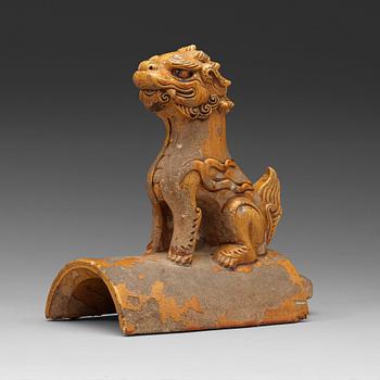 A yellow glazed roof tile figure of a Buddhist lion, Ming dynasty (1368-1644).