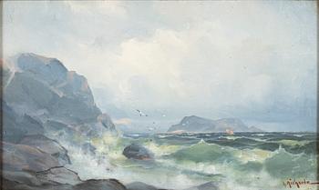 Ludvig Richarde, Coastal Landscape with Seagulls and Sailing Ship.