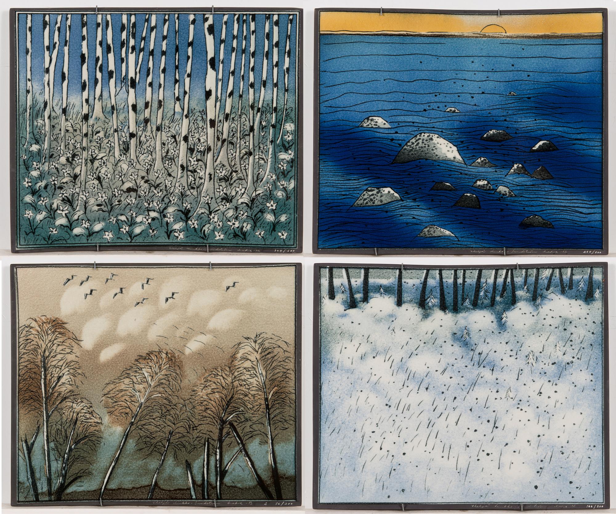 Heljä Liukko-Sundström, väggplattor, 4 st, signerade Heljä Liukko-Sundström, Arabia 1982 och 1983.