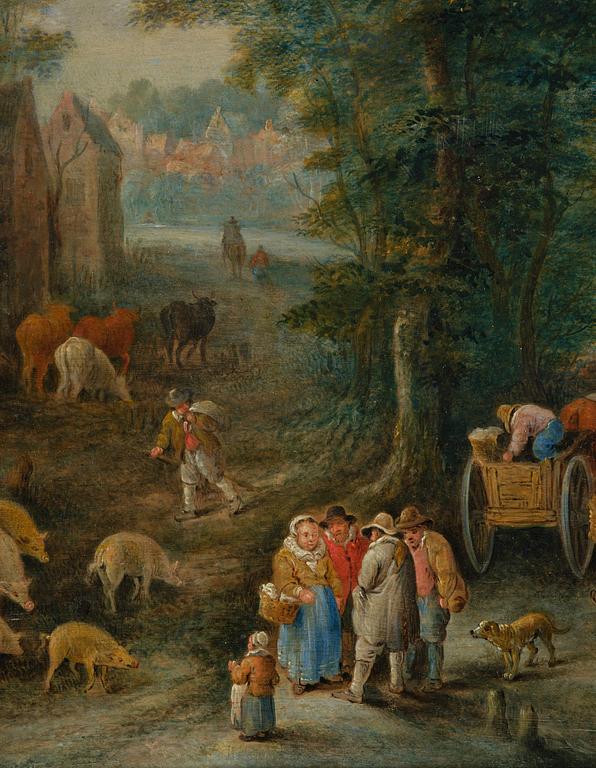 Theobald Michau, attributed to, Landscape with figures, domesticated animals, and boats by the river.