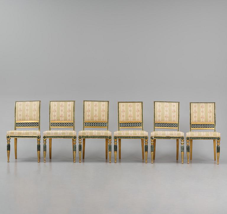 A set of six late Gustavian giltwood chairs, Stockholm, late 18th century.