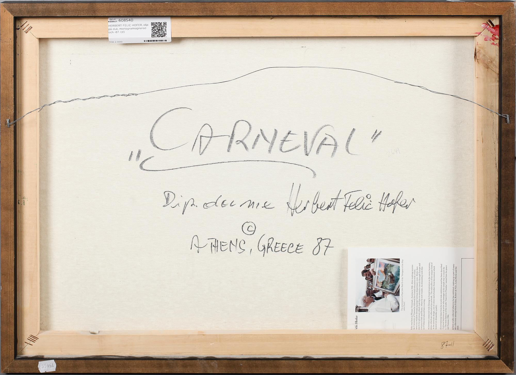 HERBERT FELIC HOFER, olja på duk, monogramsignerad och -87.