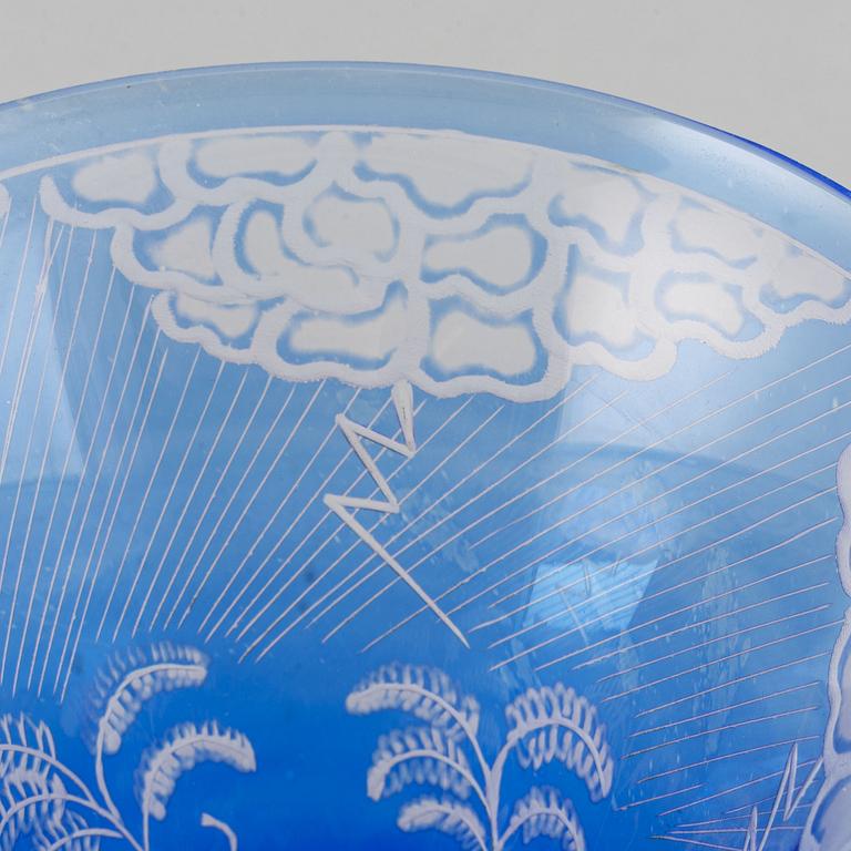 Edward Hald, a "Thunderstorm" engraved blue glass bowl, Orrefors, Sweden 1976.