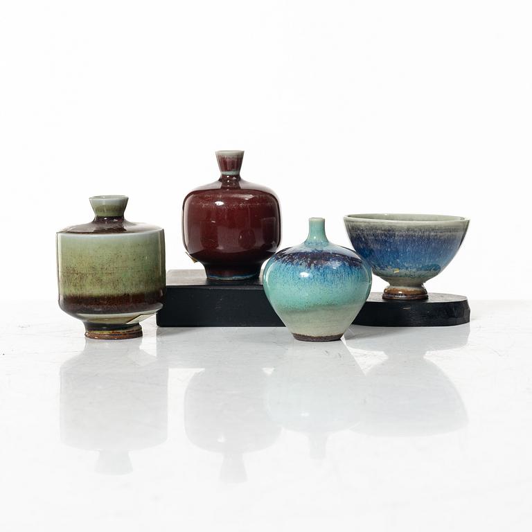 Berndt Friberg, miniature vases, four pieces, stoneware, Gustavsberg Studio 1970-1972.