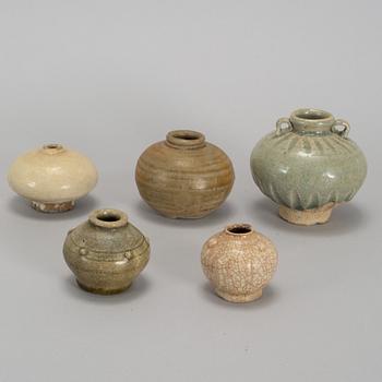 A group of five Southeast ceramic jars, 19th century.