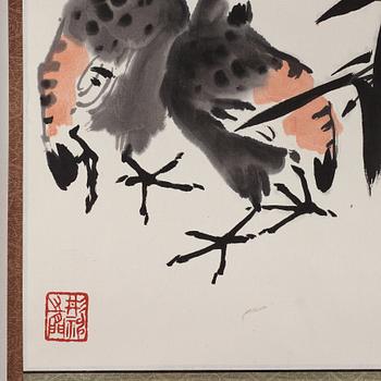 A hanging scroll, ink and colour on paper, signed Kang Ning (1938-).