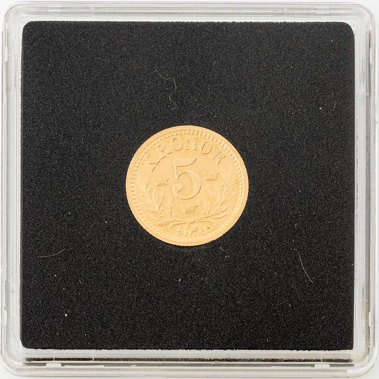 Guldmynt, Oscar II, 5 Kr, typ I, Sverige 1882.