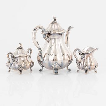 Kaffeservis, 3 delar, silver, rokokostil, Norge, omkring 1900-talets mitt.