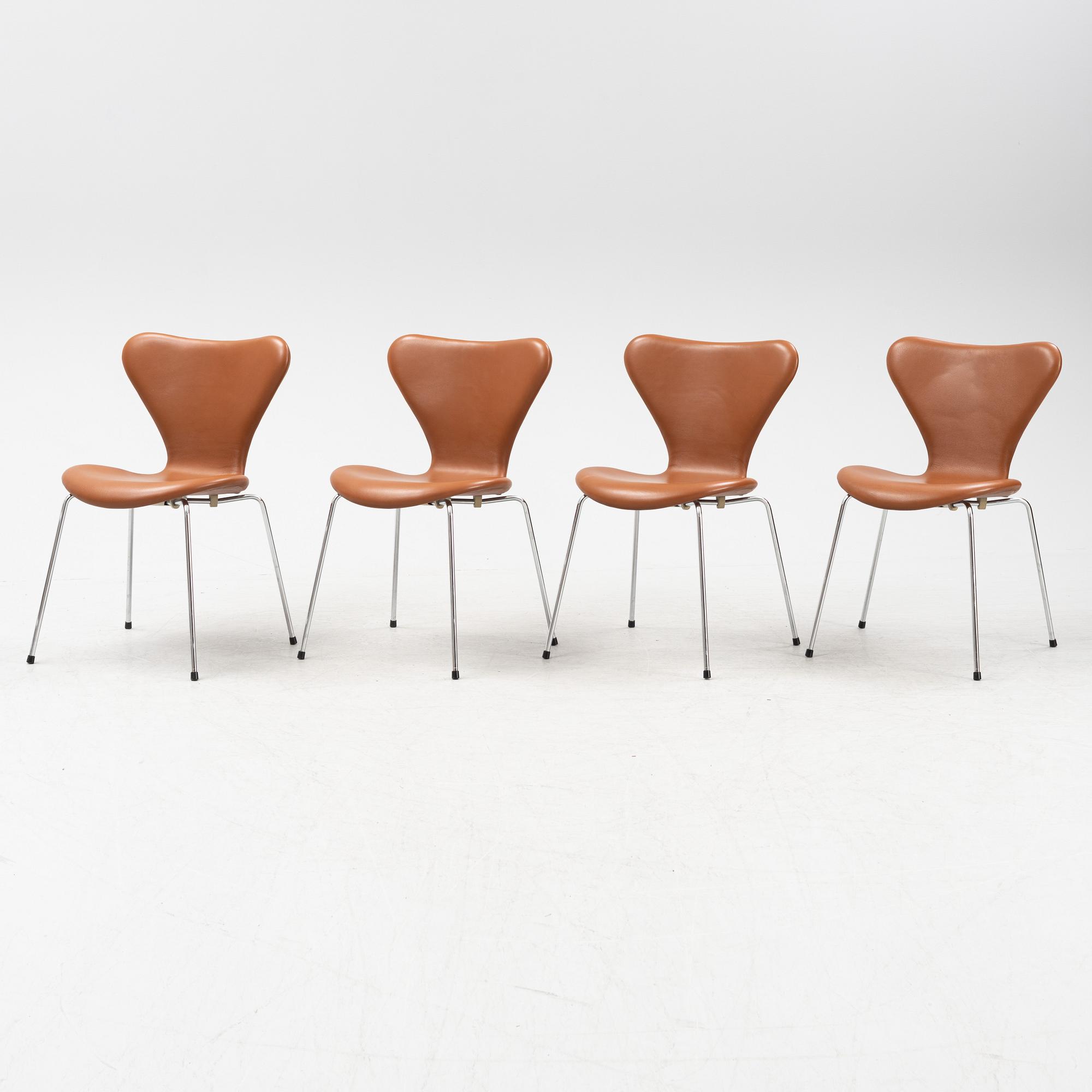 Arne Jacobsen, four 'Seven' chairs, Fritz Hansen, Denmark, 21st century.