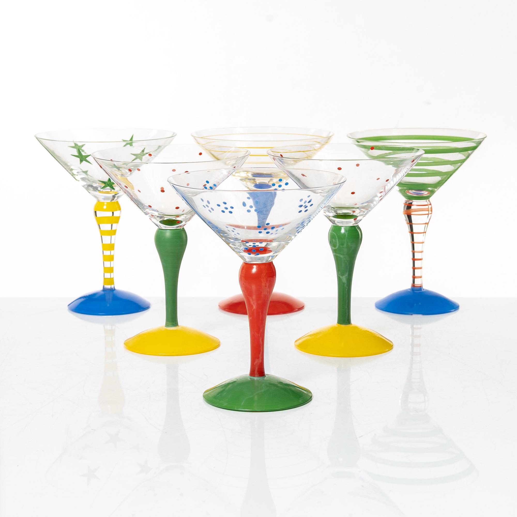Anne Nilsson, a set of six 'Clown' cocktail glasses, Orrefors.
