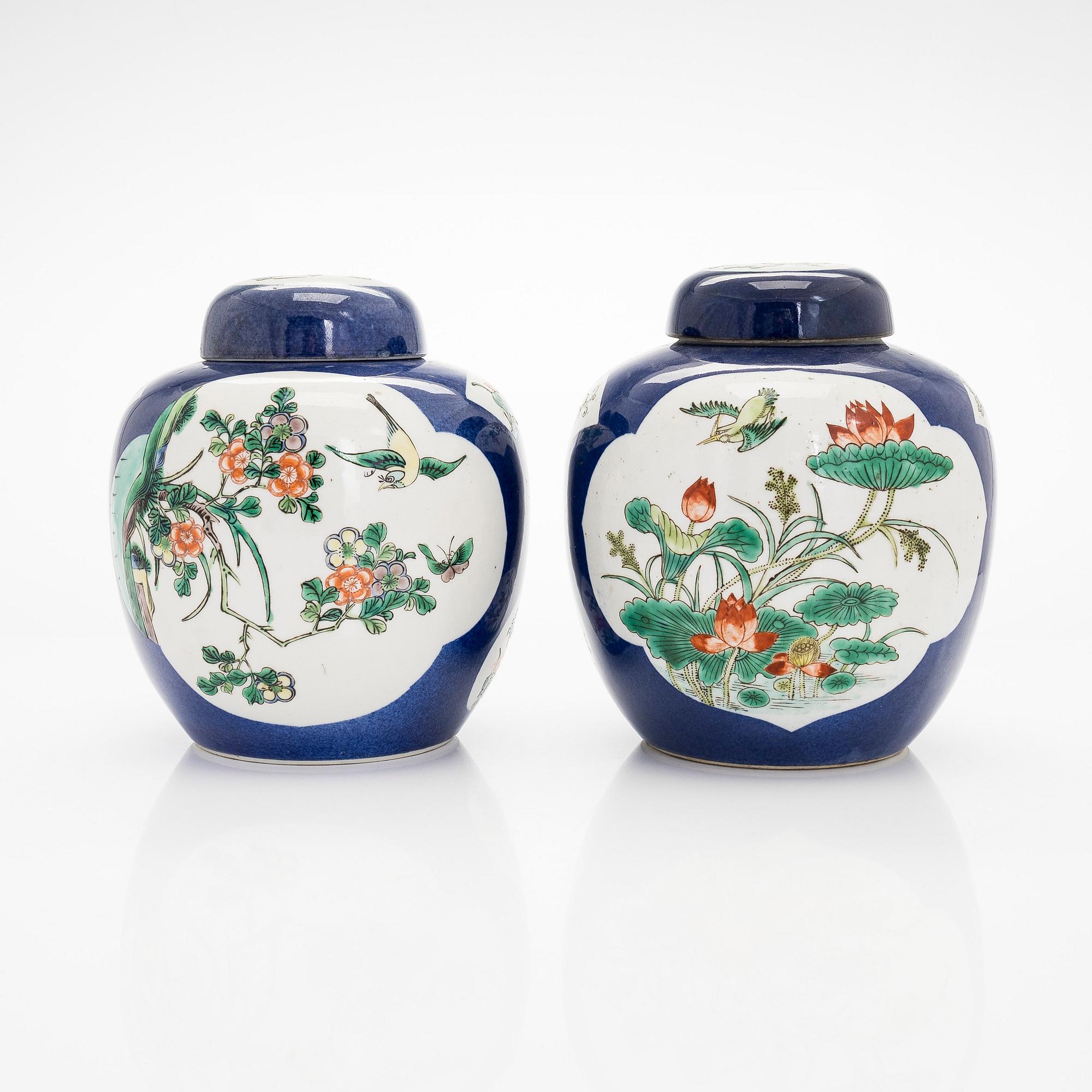 A pair of famille verte jars with covers, China mid 20th century.