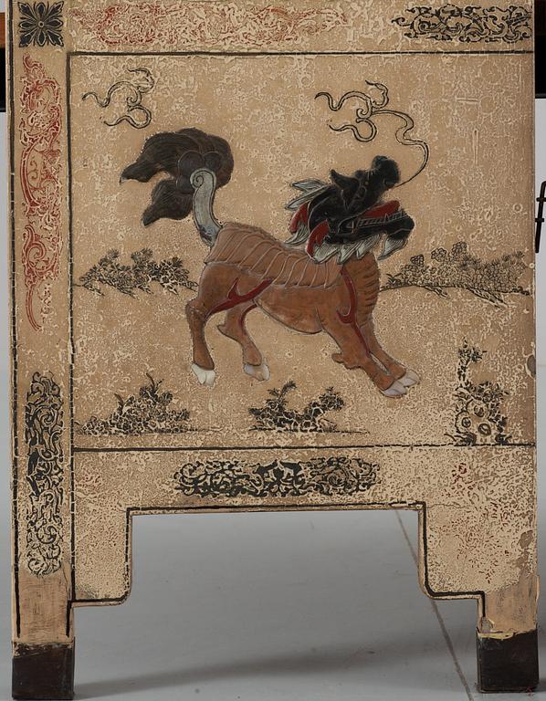 A painted and inlayed four-foulded screen, Qing dynasty (1644-1911).