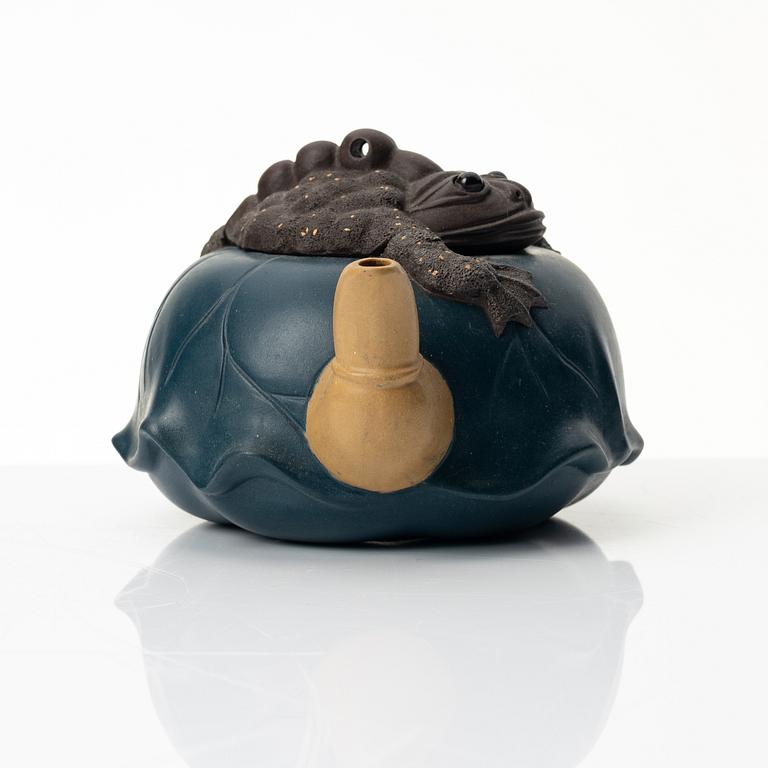 A poychrome yixing 'three legged toad' / 'Jin Chan' teapot, China, 1990s.