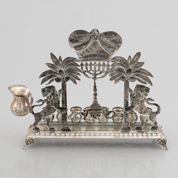Hanukkah menorah, low-grade silver, Hazorfim Ltd, Israel, 20th Century. Judaica.