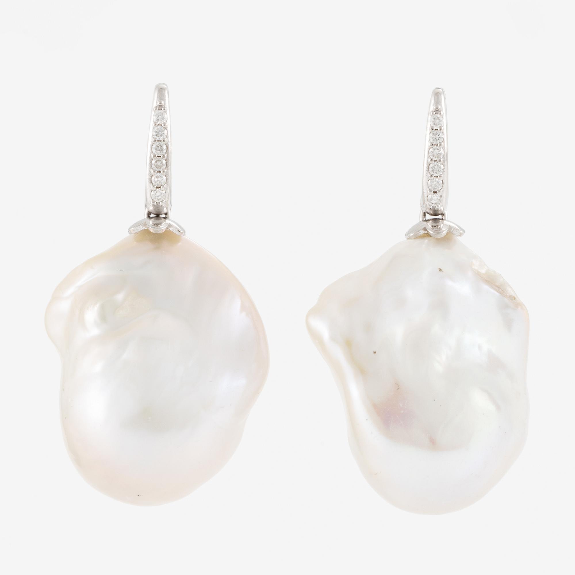 Earrings, a pair, 18K white gold with baroque cultured freshwater pearls and brilliant-cut diamonds.