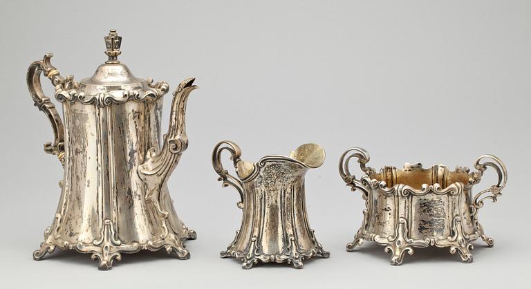 KAFFESERVIS, 3 delar, silver, gotisk stil.Christian Hammer, Stockholm / Ateljé Guld & silver, C I Eng, Falu18-1900-tal.
