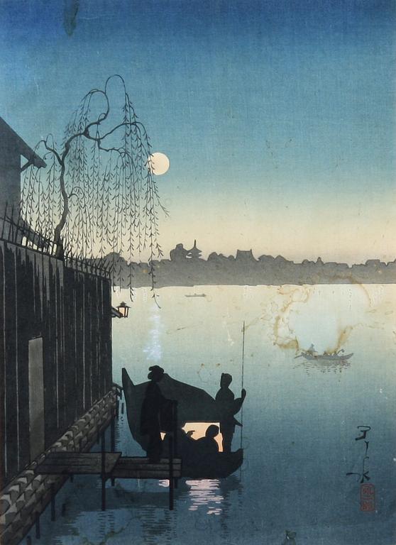 TRÄSNITT, 2 st, okänd konstnär resp Hasui, tillskriven, Japan.