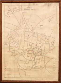 MAP - LUND, Sweden, ink and water color, C Erman 1932.