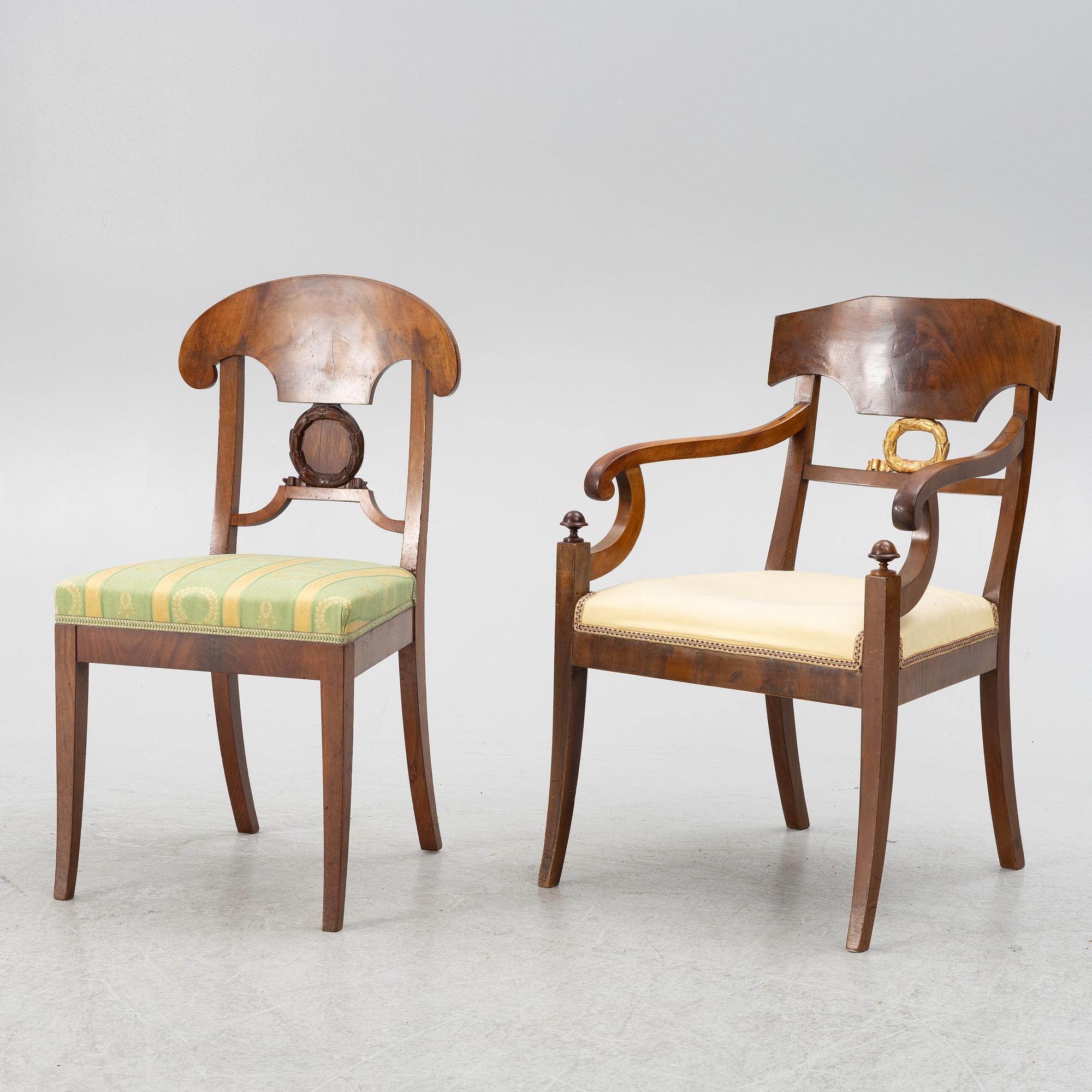 Sofa, 2 armchairs, 2 chairs, drop-leaf table Karl Johan, different models, 19th century.