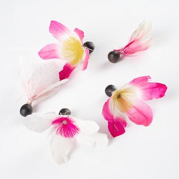 A set of two Japanese hagoita wooden paddles and five shuttlecocks, first part of 20th century.