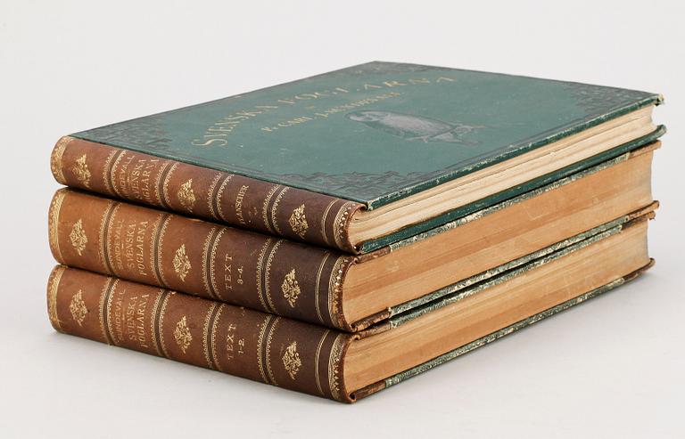 BOKVERK, 3 vol, "Svenska Foglarna" av Carl Jacob Sundevall och JGH Kinberg, Stockholm 1856-85.