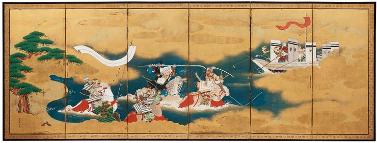 A Japanese six fold screen, Edo. Signed.