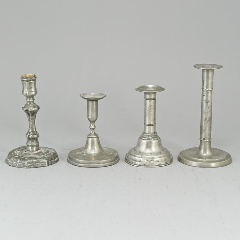 4 pewter candlesticks, 18-19th century.