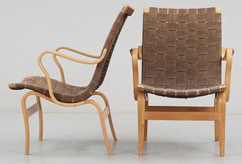 A pair of Bruno Mathsson easy chairs by Karl Mathsson, Värnamo Sweden 1940-50's.