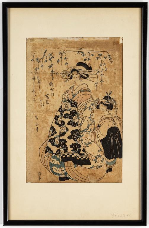 UTAMARO KITAGAWA (c.1753-1806), efter, samt KIKUGAWA EIZAN (1787-1867), efter, färgträsnitt, 2 st, Japan, 1800-tal.