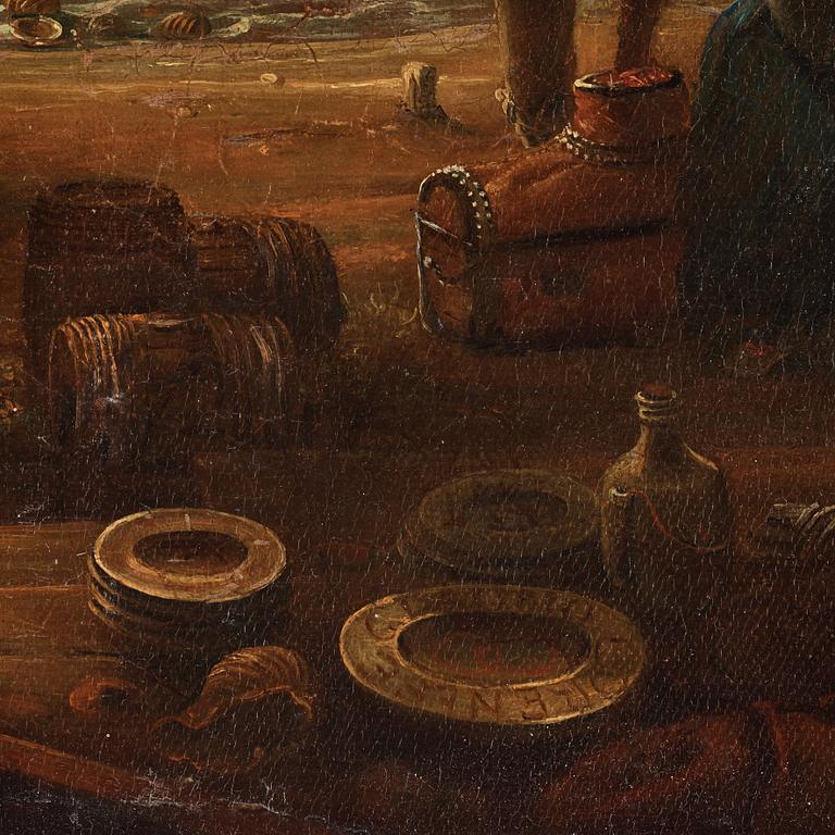 Hamnbild med Villa Medici och handelsmän.