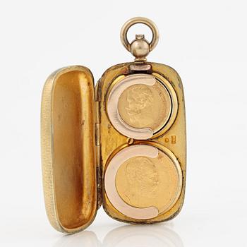 Pendant in gilded silver with two gold coins, 20 kr Oscar II 1875 and 5 rubles Nicholas II 1900.