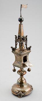 A Russian 19th century silver besamin-tower, makers mark of Swinarski, (St. Petersburg) 1876.