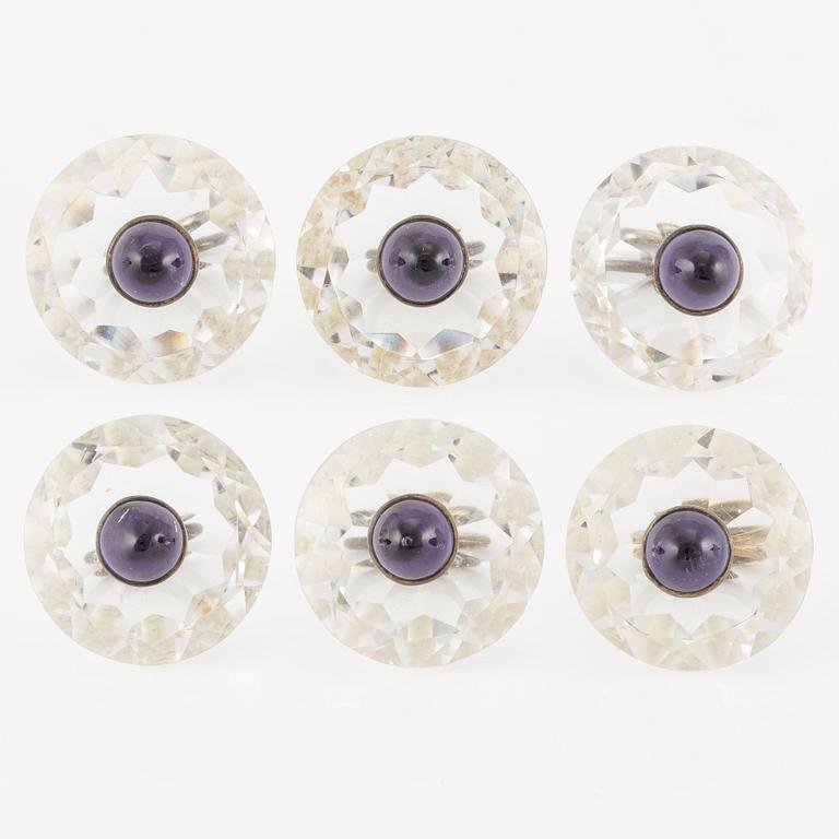 Buttons, 6 pcs, silver with faceted rock crystal and cabochon-cut amethysts.