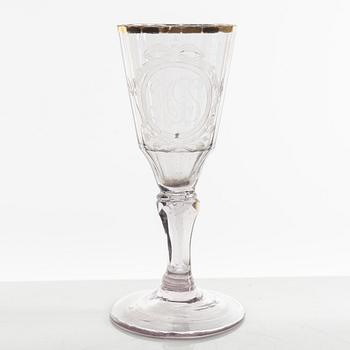 A set of two wineglasses and a small glass, 18th century.