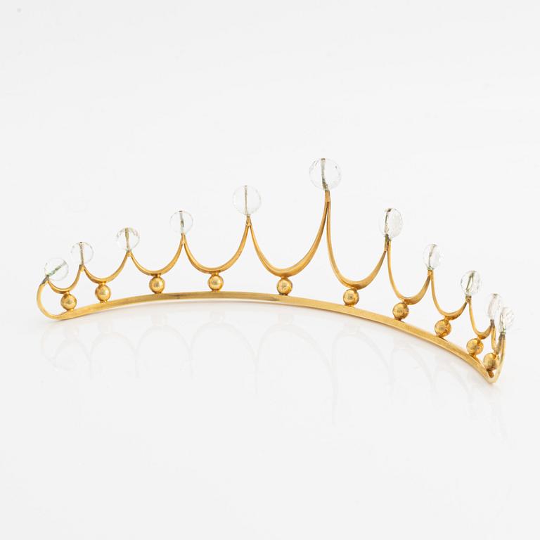 Tiara, gilded silver with faceted white topazes.