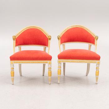 A pair of late Gustavian-style open armchairs, first part 19th century and circa 1900.