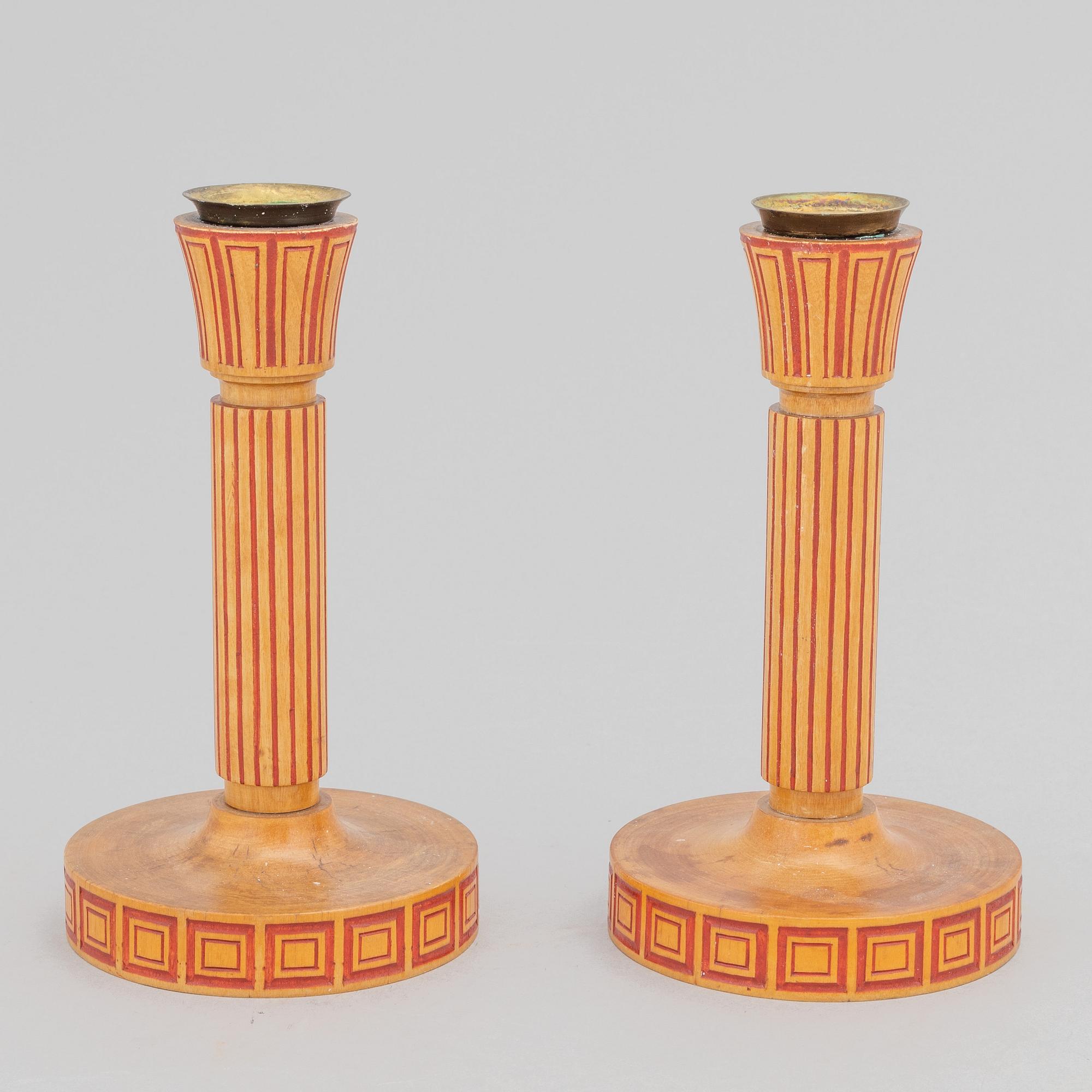 Olof Ahlberg, a pair of birch Art Déco candlesticks, Sweden, 1920's.