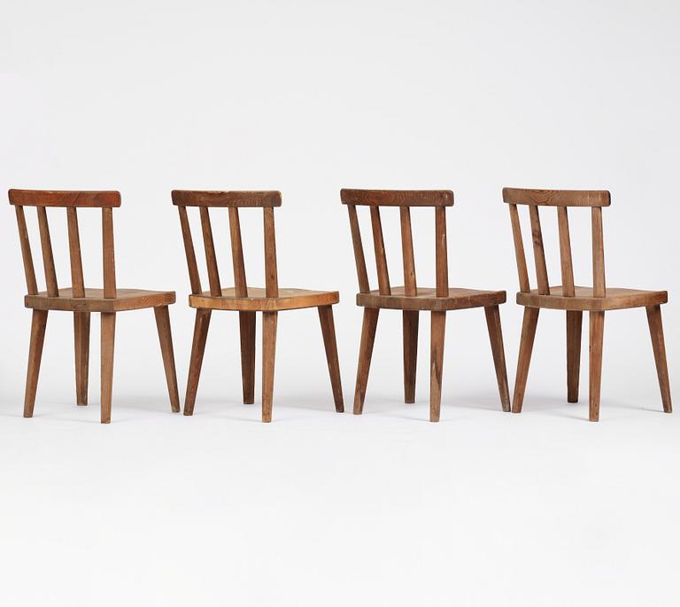 Axel Einar Hjorth, a set of four stained pine "Utö" chairs, Nordiska Kompaniet, Sweden, 1930s.
