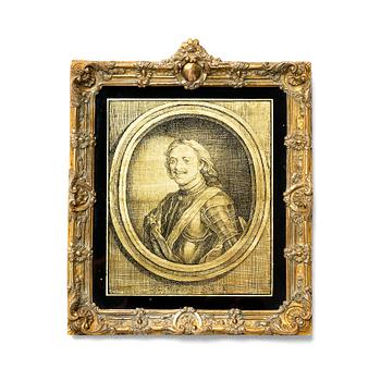 A 18th century reverse glass painting of Peter the Great, after Carel de Moor, Gilt bronze rococo frame.