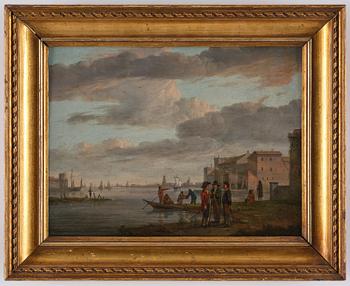 Marten Jacobus Waefelaerts, A river landscape with boats, figures, a castle and a town beyond.