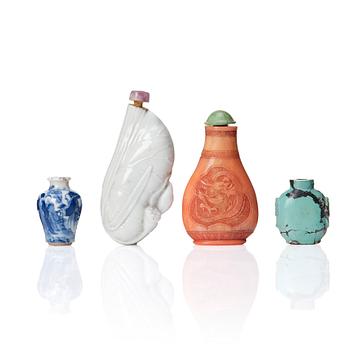 A set of three Chinese snuff bottles and a Chinese miniature vase.