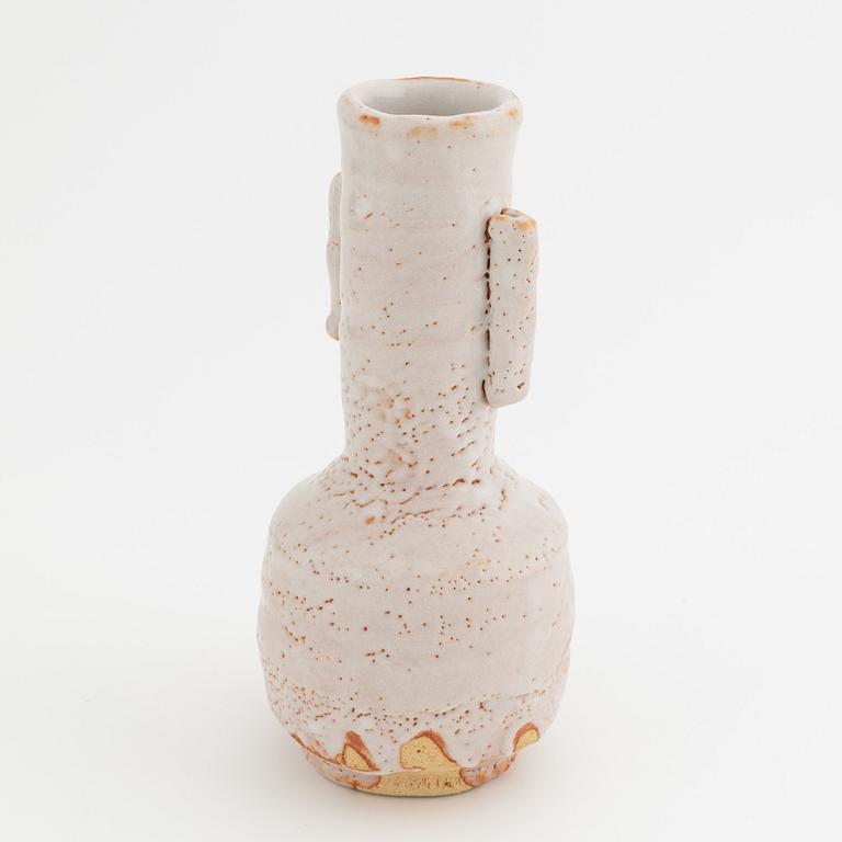 A Japanese 'Mino/Shino ware' Shino type vase with tubular handles, presumably mid 20th Century.